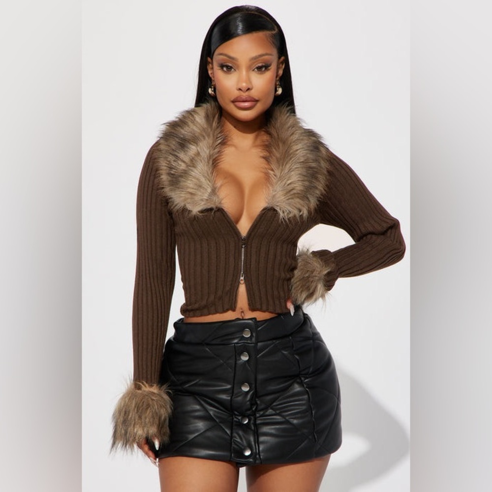 Fashion Nova Brown Cardigan with Faux Fur Collar